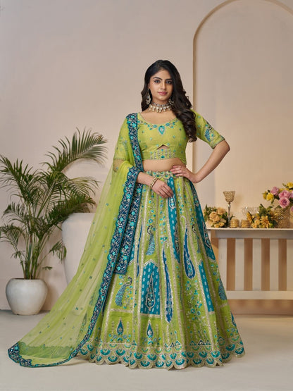 Rajwada Green Banarasi Silk Embroidered Semi-Stitched Lehenga For Women