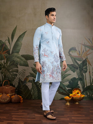 Rajwada Sky Blue Viscose Silk Embroidered Stitched Kurta For Men