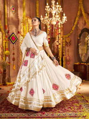Rajwada Off White Viscose Rayon Rabari Work Semi-Stitched lehenga With Stunning Tassels For Women