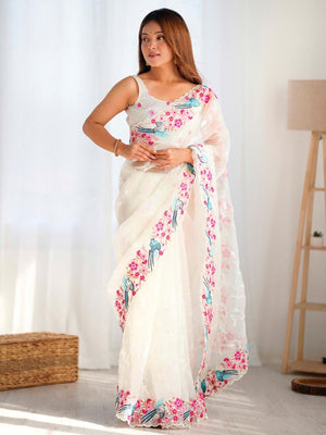 Rajwada White Organza Embroidered Solid Saree For Women