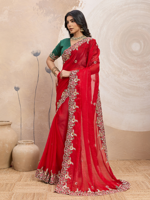 Rajwada Red Chiffon Embroidered Saree For Women
