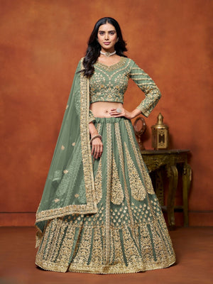 Rajwada Green Net Embroidered Semi-Stitched lehenga For Women
