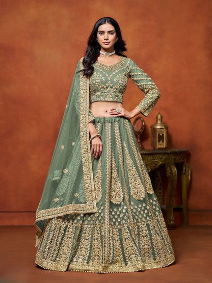 Rajwada Green Net Embroidered Semi-Stitched lehenga For Women