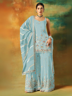 Rajwada Sky Blue Georgette Embroidered Semi-Sitched Kurta Set For Women