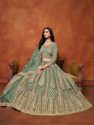 Rajwada Green Net Embroidered Semi-Stitched lehenga For Women
