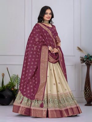 Rajwada Beige And Purple Silk Blend Printed Semi-Stitched lehenga For Women