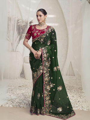 Rajwada Green Organza Embroidered Elegant Saree For Women