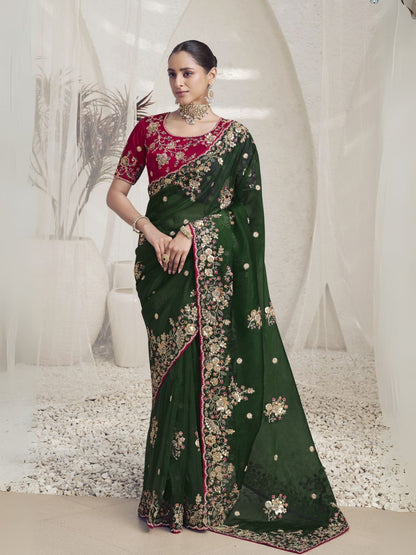 Rajwada Green Organza Embroidered Elegant Saree For Women