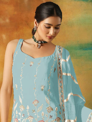 Rajwada Sky Blue Georgette Embroidered Semi-Sitched Kurta Set For Women