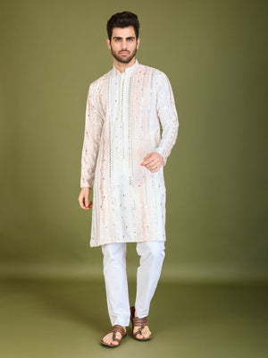 Rajwada White Viscose Rayon Embroidered Stitched Kurta For Men