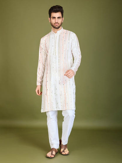 Rajwada White Viscose Rayon Embroidered Stitched Kurta For Men