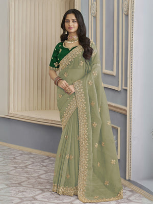 Rajwada Green Georgette Crush Embellished Elegant Saree For Women