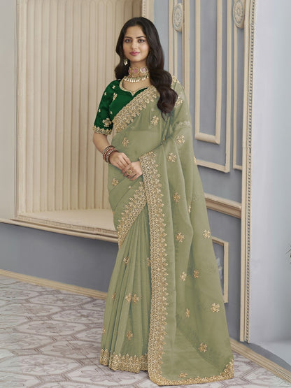 Rajwada Green Georgette Crush Embellished Elegant Saree For Women