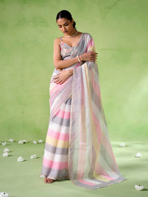 Rajwada Multicolour Cotton Linen Solid Printed Saree For Women