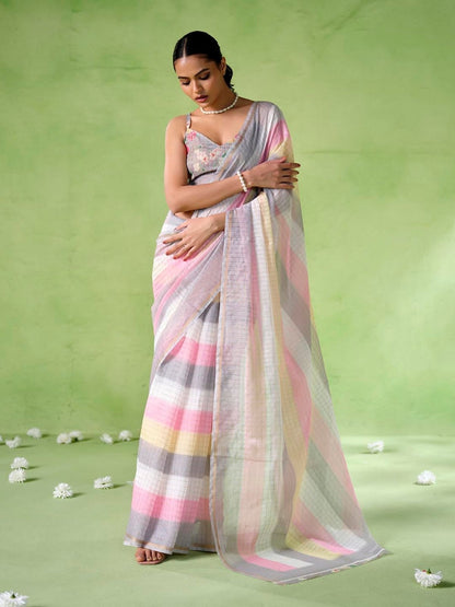 Rajwada Multicolour Cotton Linen Solid Printed Saree For Women
