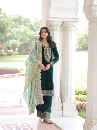 Rajwada Dark Green Velvet Embellished Kurta Set For Women