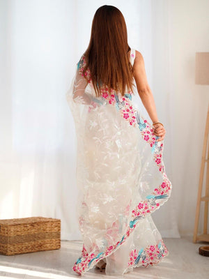 Rajwada White Organza Embroidered Solid Saree For Women