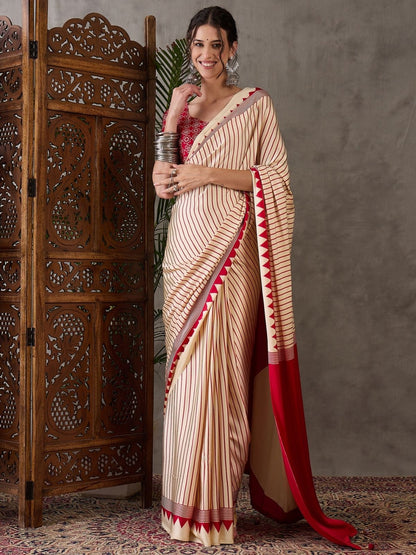 Rajwada Cream Silk Blend Printed Elegant Saree For Women