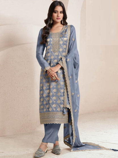 Rajwada Pastel Blue Jacquard Embroidered Semi Stitched Kurta Set For Women