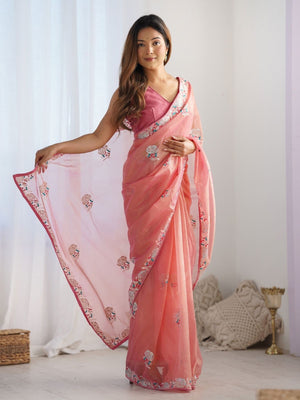 Rajwada Peach Net Sequins Embroidered Saree With Unstitched Blouse For Women