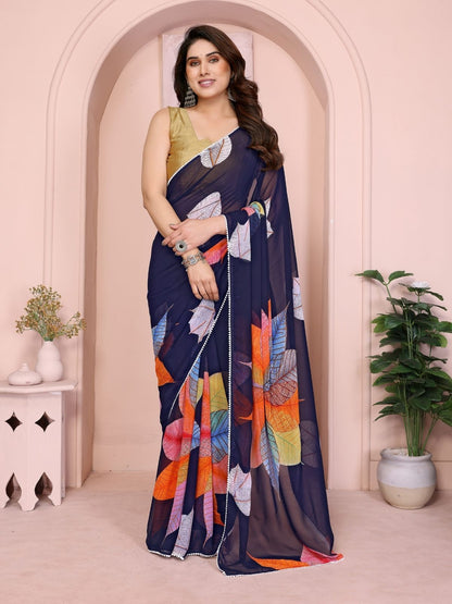 Rajwada Blue Georgette Printed Saree For Women