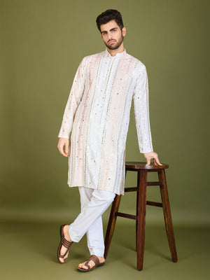 Rajwada White Viscose Rayon Embroidered Stitched Kurta For Men