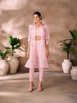 Rajwada Pink Organza Embroidered Stitched Co-Ord Set For Women