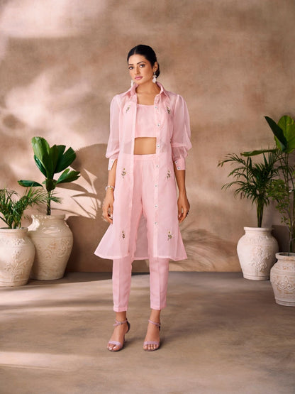 Rajwada Pink Organza Embroidered Stitched Co-Ord Set For Women