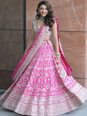 Rajwada Pink Georgette Embellished Semi Stitched Lehenga For Women