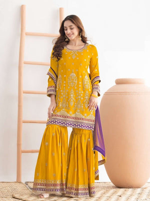 Rajwada Yellow Chinon Embellished Semi Stitched Kurta Set For Women