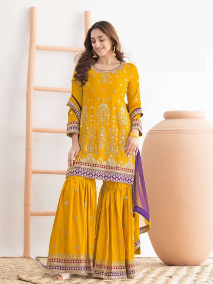 Rajwada Yellow Chinon Embellished Semi Stitched Kurta Set For Women