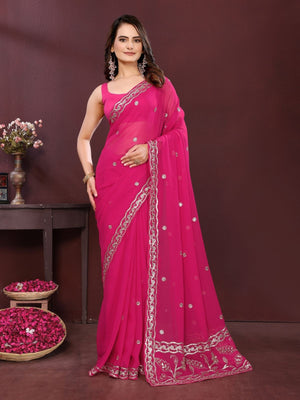 Rajwada Pink Georgette Solid Saree For Women