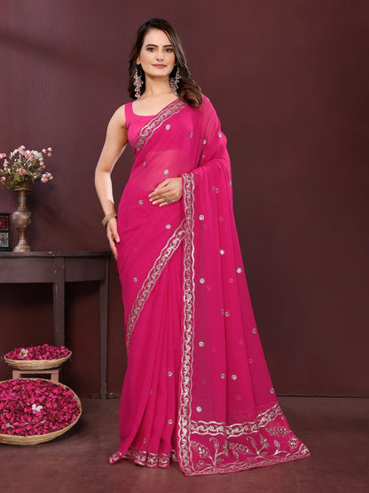 Rajwada Pink Georgette Solid Saree For Women