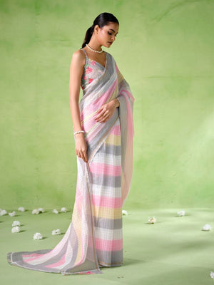 Rajwada Multicolour Cotton Linen Solid Printed Saree For Women