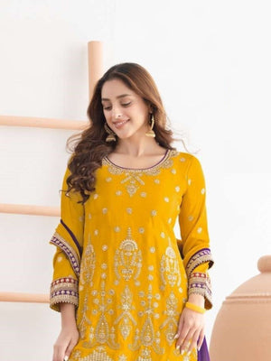Rajwada Yellow Chinon Embellished Semi Stitched Kurta Set For Women