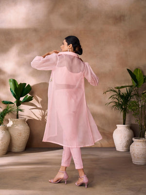 Rajwada Pink Organza Embroidered Stitched Co-Ord Set For Women