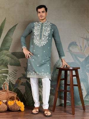 Rajwada Green Viscose Silk Embroidered Stitched Kurta For Men