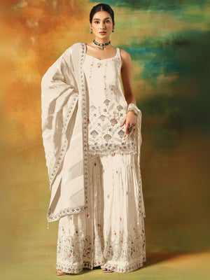 Rajwada White Georgette Embroidered Semi-Sitched Kurta Set For Women