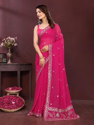 Rajwada Pink Georgette Solid Saree For Women