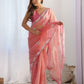Rajwada Peach Net Sequins Embroidered Saree With Unstitched Blouse For Women