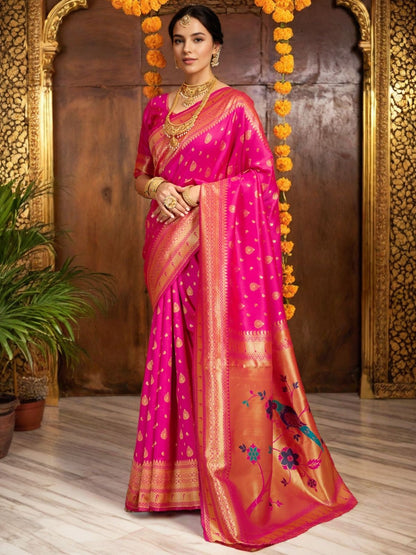 Rajwada Dark Pink Silk Blend Woven Pithani Saree For Women