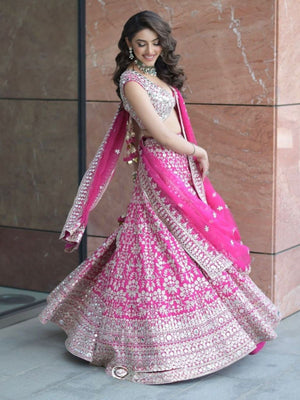 Rajwada Pink Georgette Embellished Semi Stitched Lehenga For Women