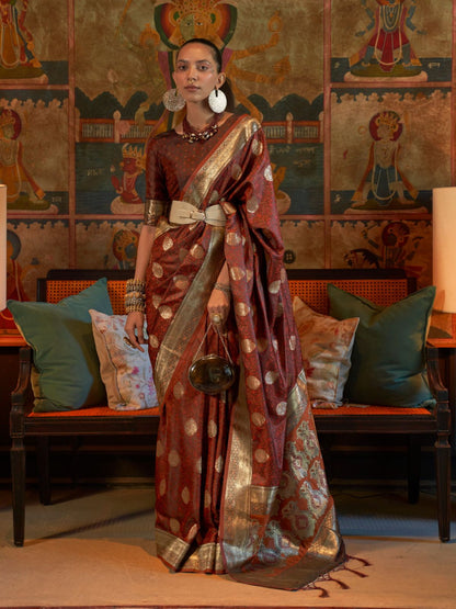 Rajwada Brown Silk Blend Woven Saree With Unstitched Blouse for Women