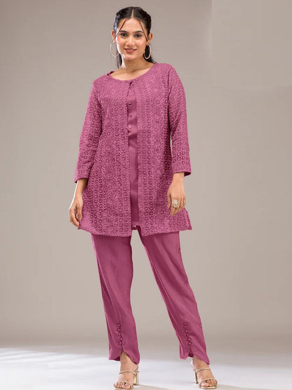 Rajwada Mauve Pink Poly Crepe Solid Semi Stitched Kurta Set For Women
