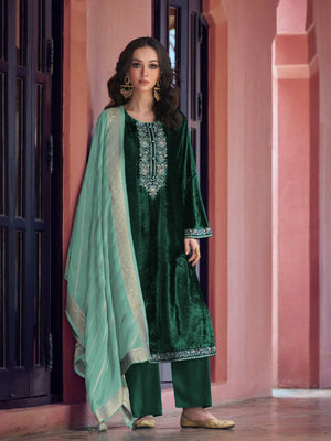 Rajwada Dark Green Velvet Embroidery Semi-Stitched Kurta Set For Women