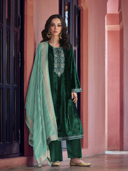 Rajwada Dark Green Velvet Embroidery Semi-Stitched Kurta Set For Women