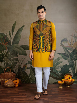Rajwada Yellow Viscose Silk Embroidered Stitched Kurta For Men