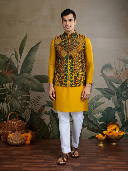 Rajwada Yellow Viscose Silk Embroidered Stitched Kurta For Men