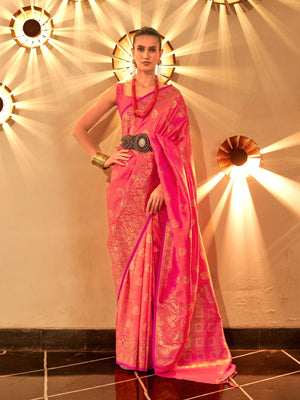 Rajwada Pink Silk Blend Woven Saree With Unstitched Blouse For Women