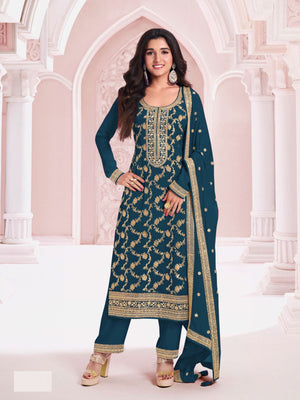 Rajwada Blue Cotton Blend Embroidered Semi-Stitched Kurta Set For Women